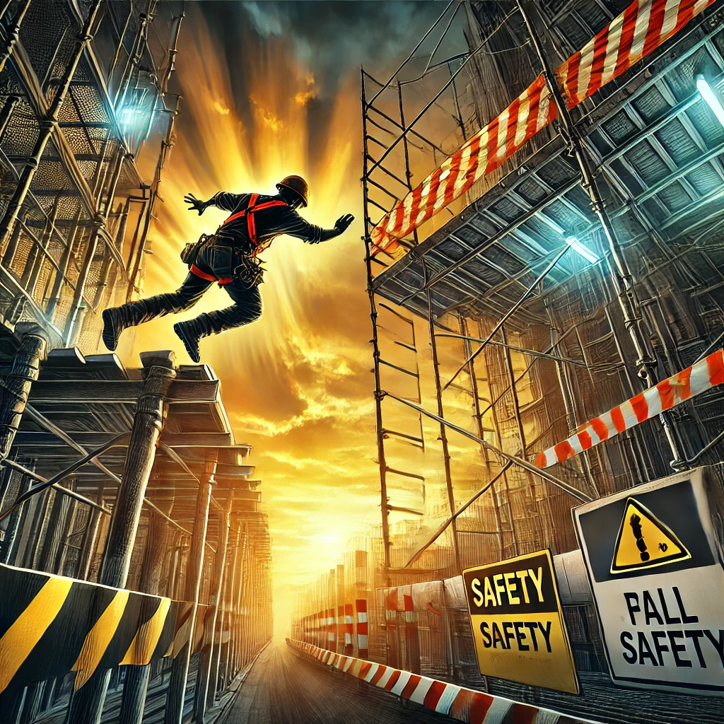 A worker falling at a construction site, which visually encapsulates the importance of workplace safety, specifically addressing the risk of falls on construction sites