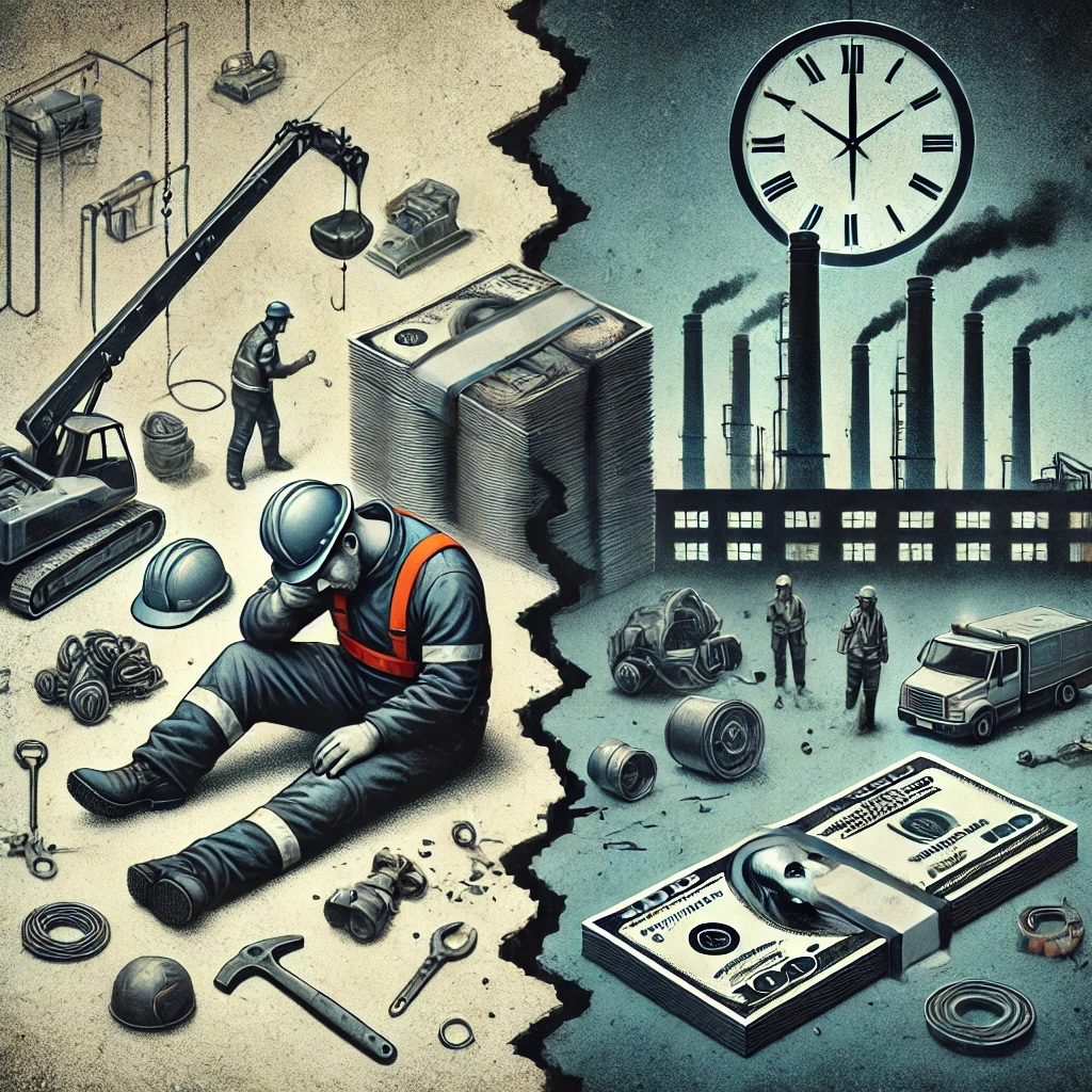 Here is the image that symbolizes the dual impact of industrial accidents—both the human suffering of injured workers and the financial losses incurred by companies. It reflects the heavy costs in terms of lives, time, and resources that result from unsafe working conditions.