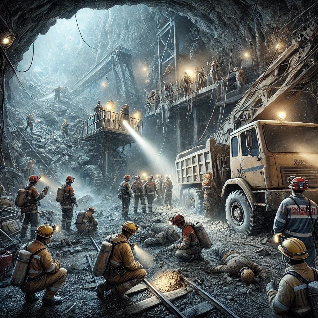 An image depicting a mining accident, with rescue workers attending to the scene