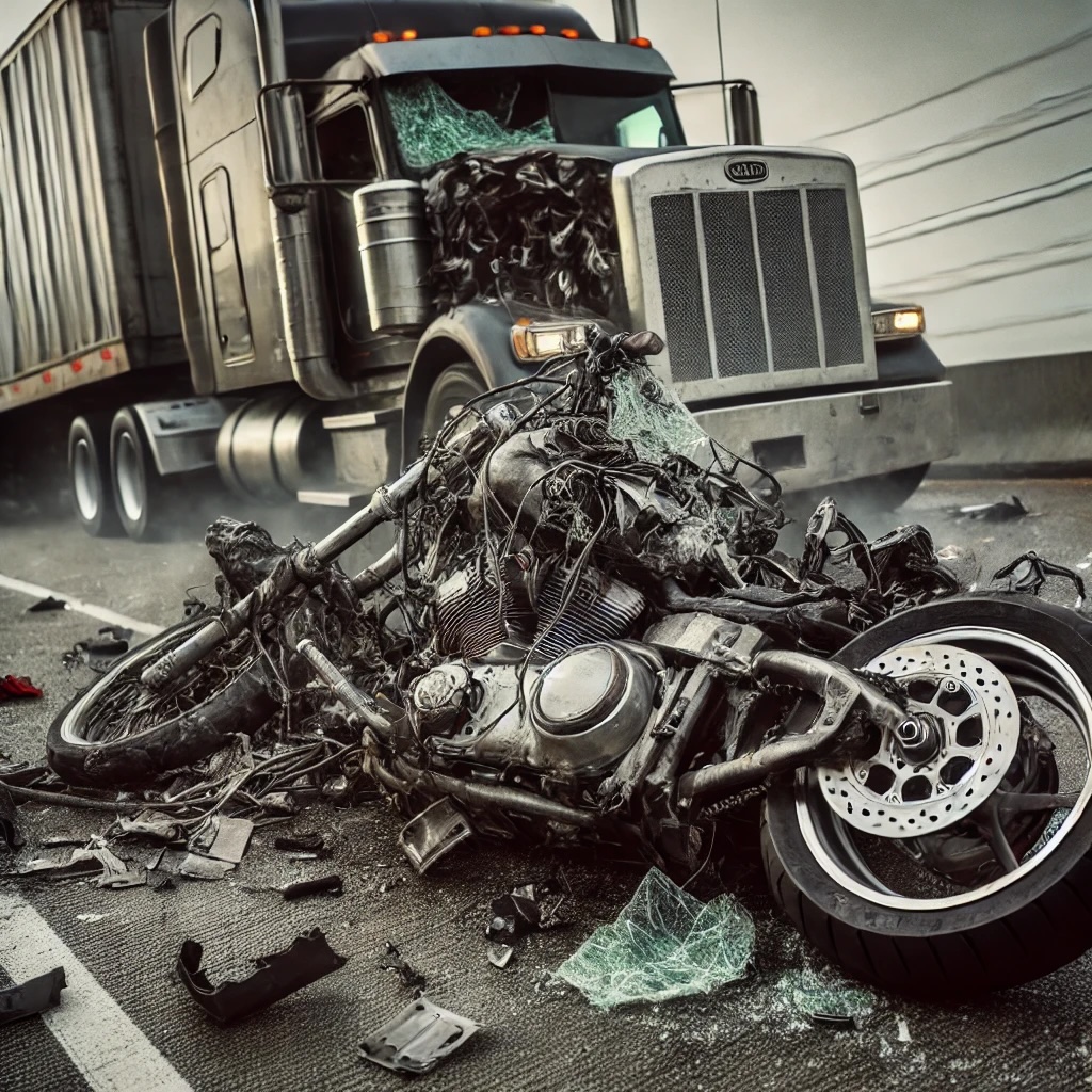 A rendering of a motorcylce and 18-wheeler crash