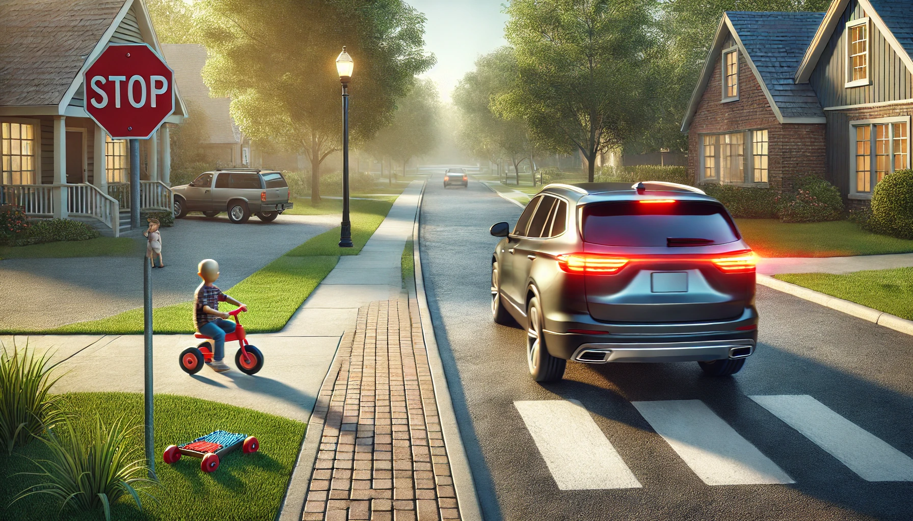 a car backing out of a driveway with a child's toy visible near the sidewalk, illustrating the importance of caution in such scenarios