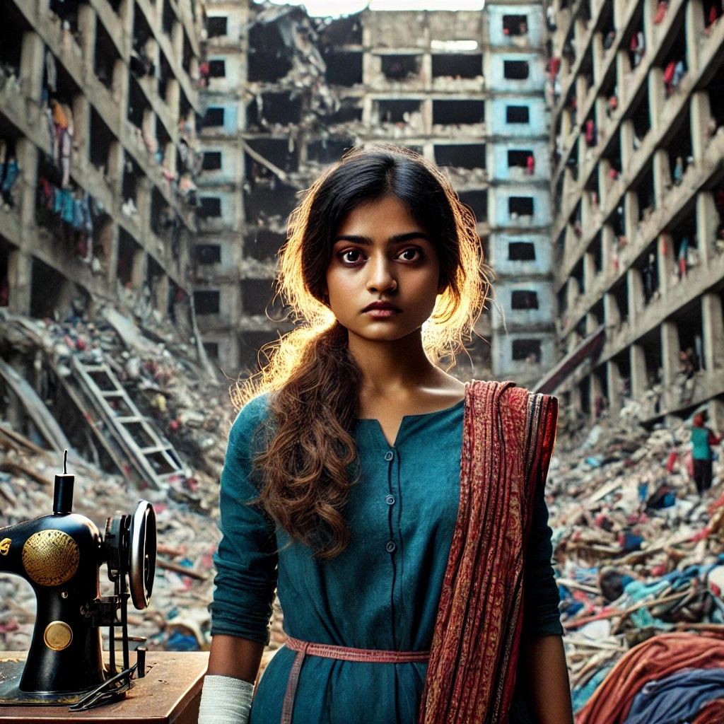 Here is the image representing the resilience of a garment factory worker in Bangladesh, reflecting on the Rana Plaza collapse and her journey toward recovery and advocacy for better conditions. The scene captures both the destruction and the strength of the survivors as they continue to push for change.